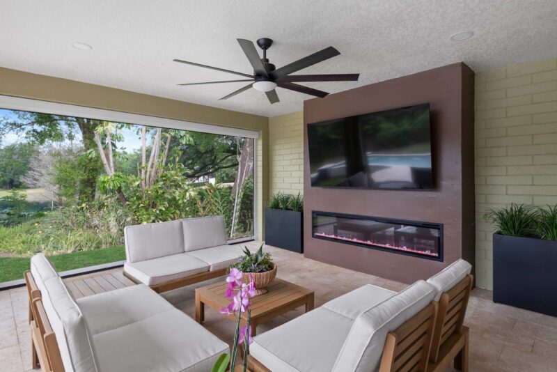 Outdoor living room with fireplace