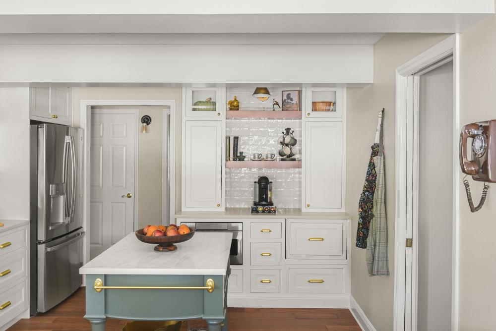 Coffee bar in cottage style kitchen remodel