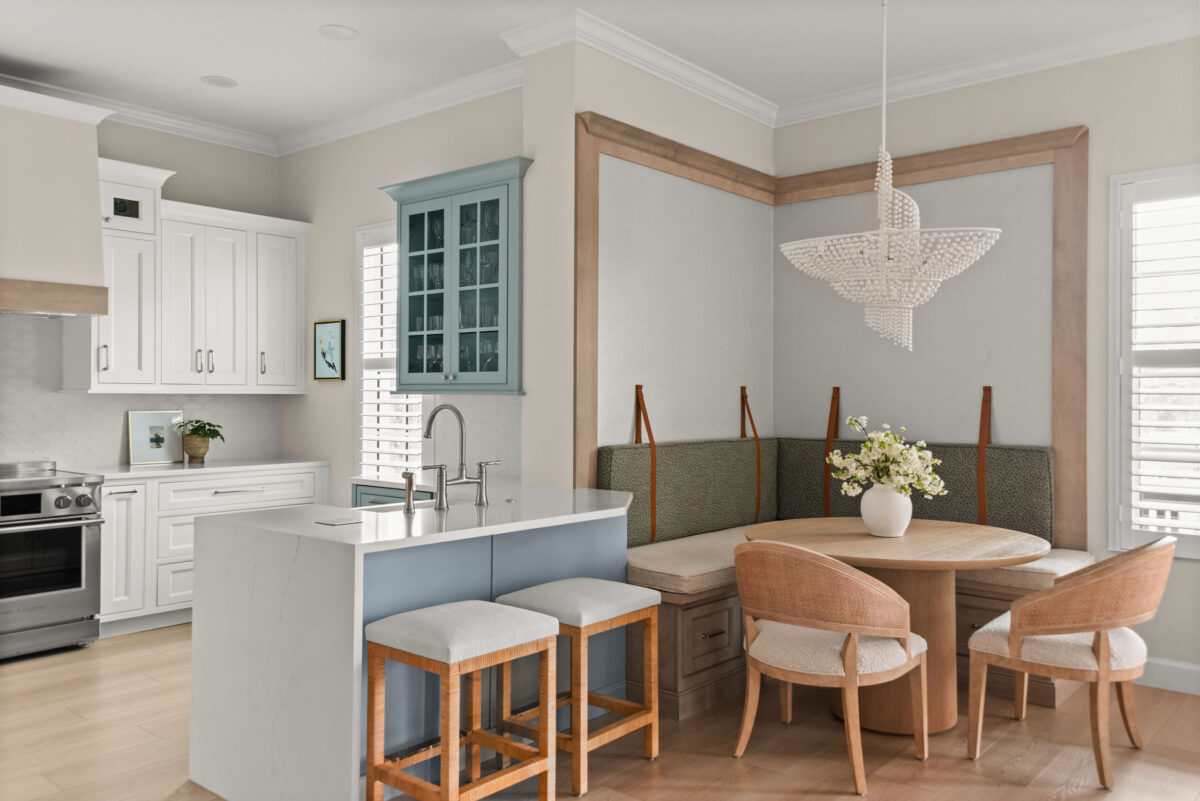 Custom Baldwin Park kitchen remodel with built-in corner banquette and island seating by KBF Design Gallery
