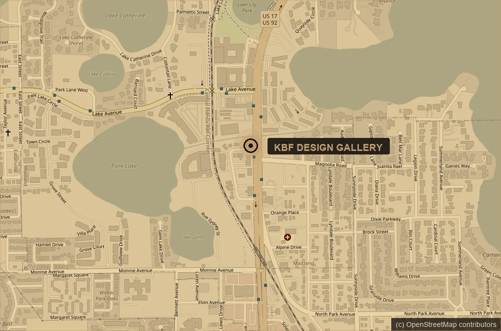 Map showing the KBF Design Gallery showroom on South Orlando Avenue (US 17-92) in Maitland, Florida, between Park Lake and Lake Lily
