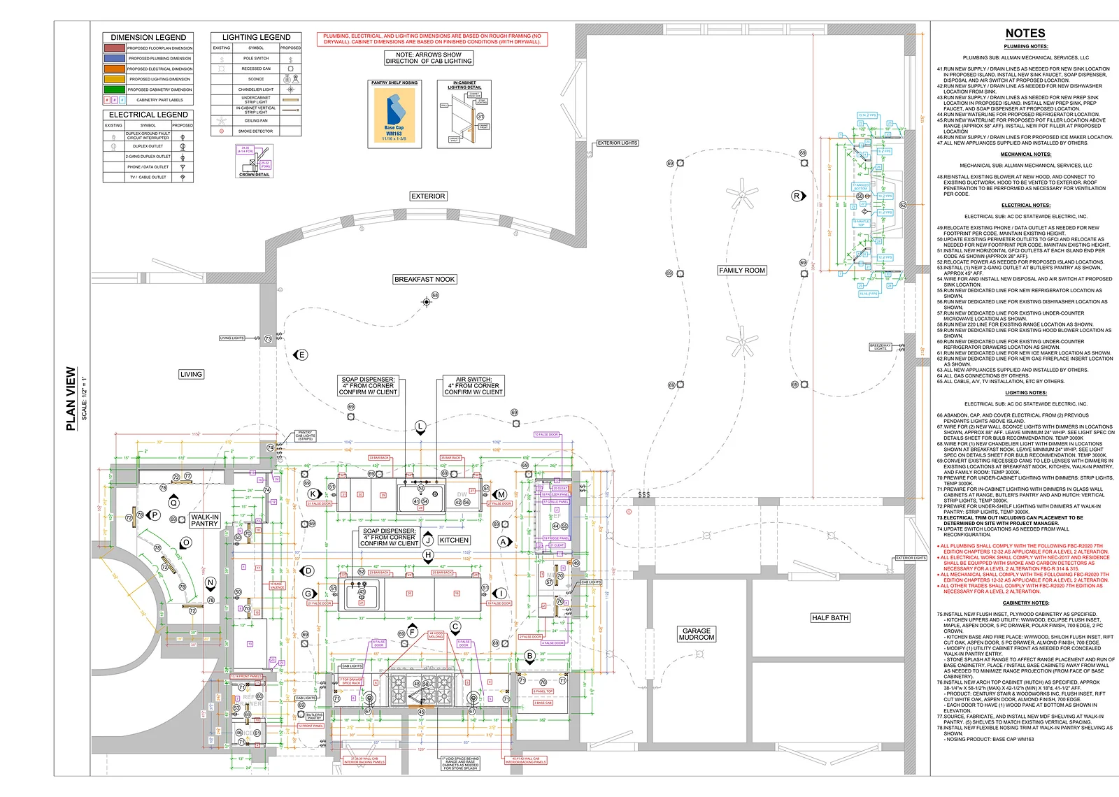 A KBF construction plan sheet — a kitchen plan view dimensioned separately for floorplan, plumbing, electrical, lighting and cabinetry, with numbered trade notes down the right-hand side