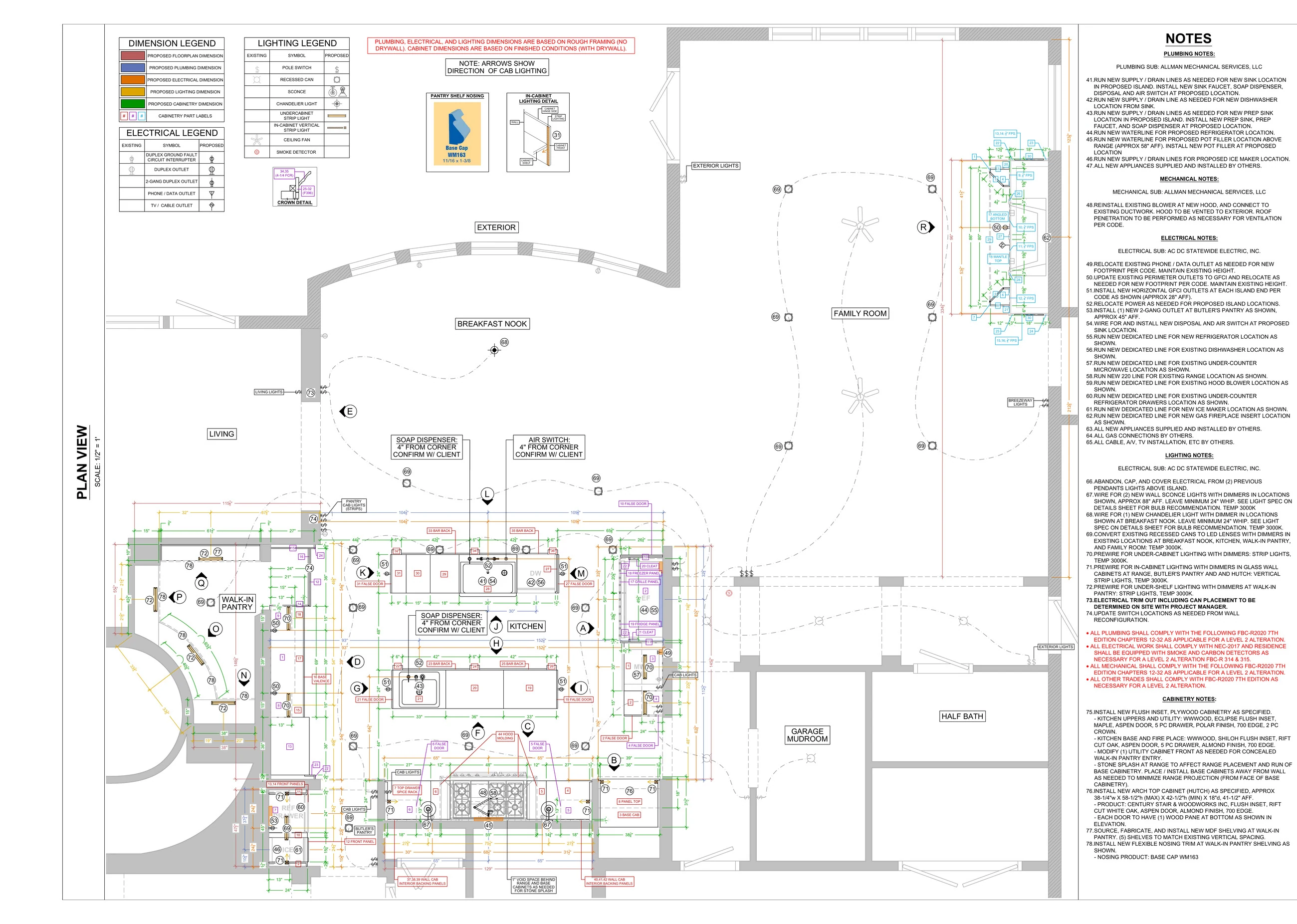 A KBF construction plan sheet — one kitchen drawn in plan view with separate legends for floorplan, plumbing, electrical, lighting and cabinetry dimensions, and numbered trade notes running down the right-hand margin