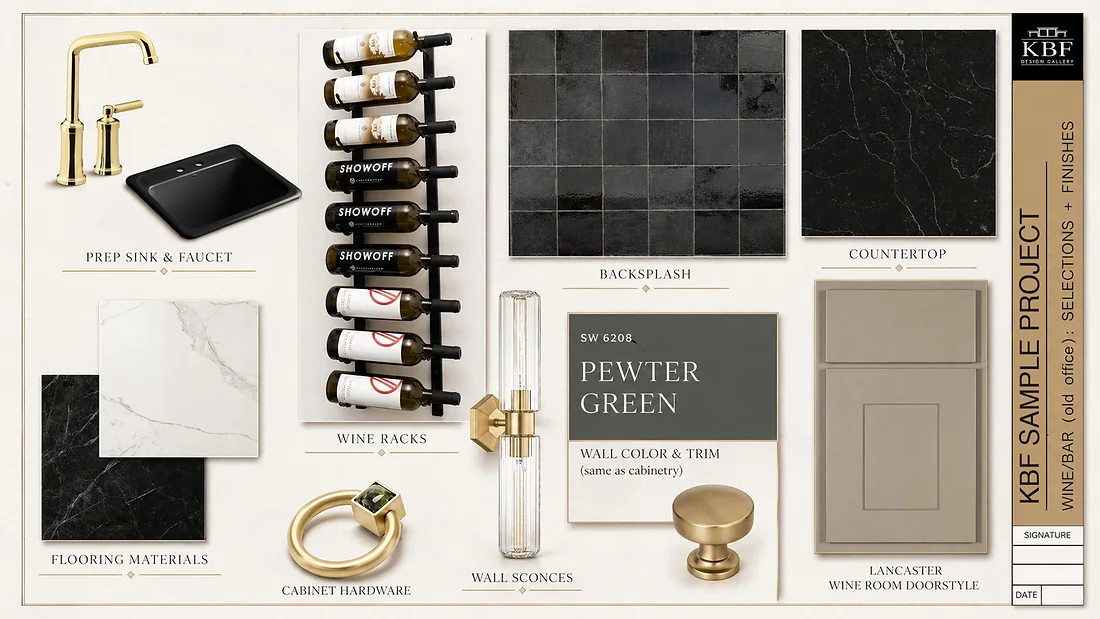 A KBF selections board for a wine bar — prep sink and faucet, wine racks, glazed backsplash tile, stone countertop, flooring, cabinet hardware, wall sconce, paint colour and cabinet door style, laid out together on one sheet