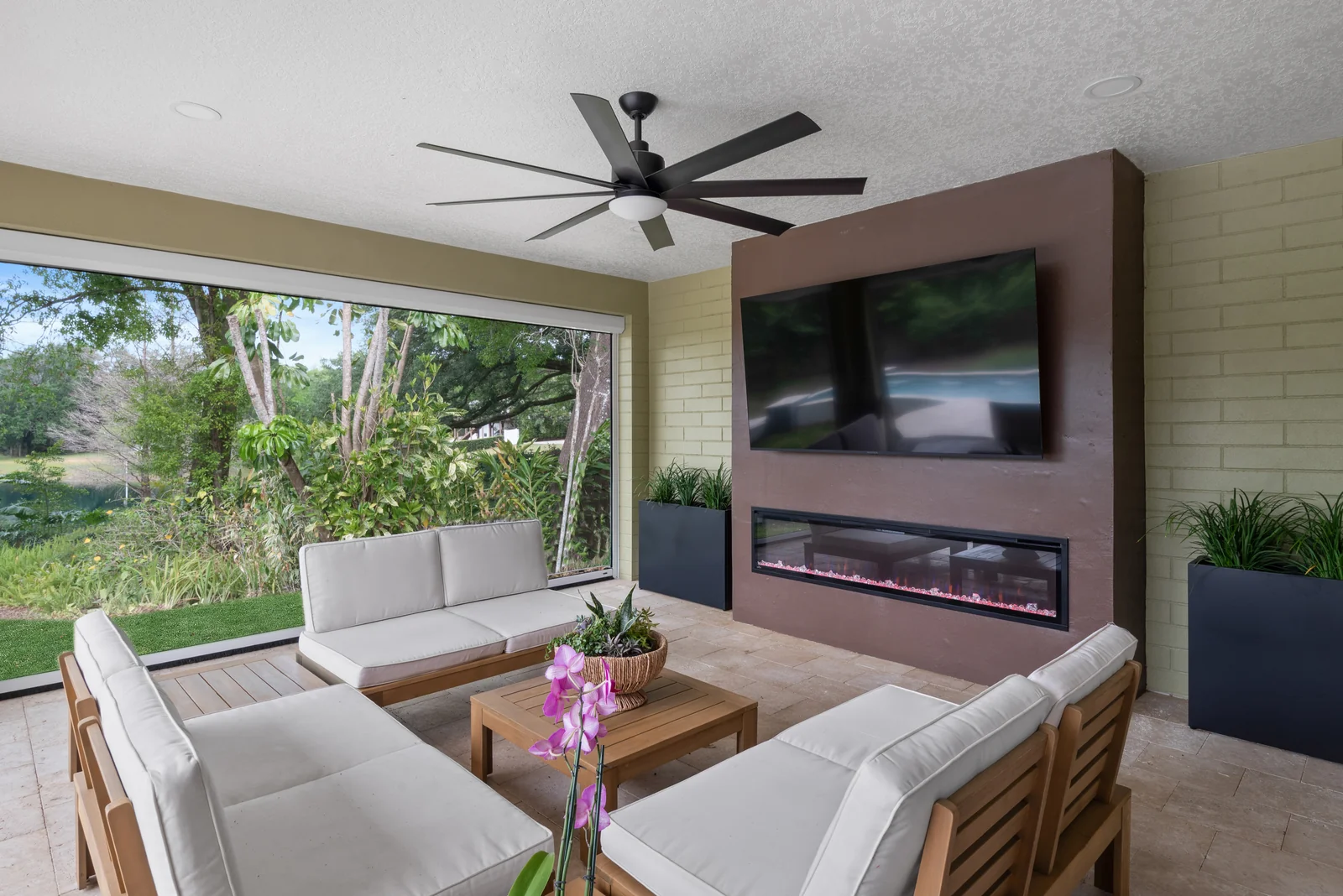Outdoor living room with fireplace