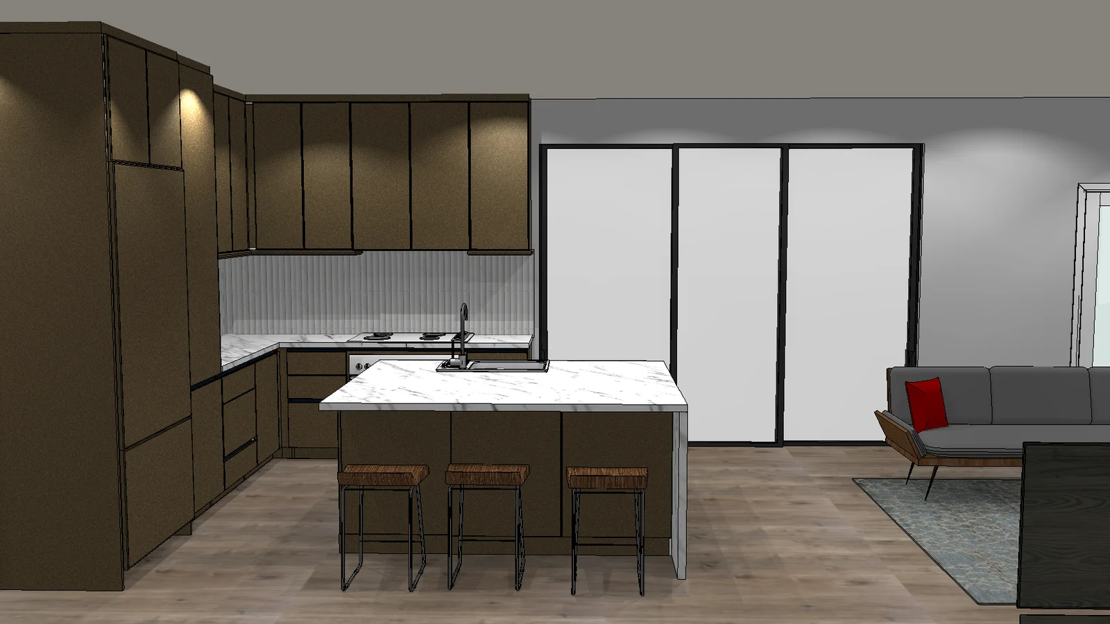 The Studio KBF design model of the same Winter Park kitchen: an L of rendered cabinetry around a marble-veined waterfall island with three stools, sliding doors to the lanai at right
